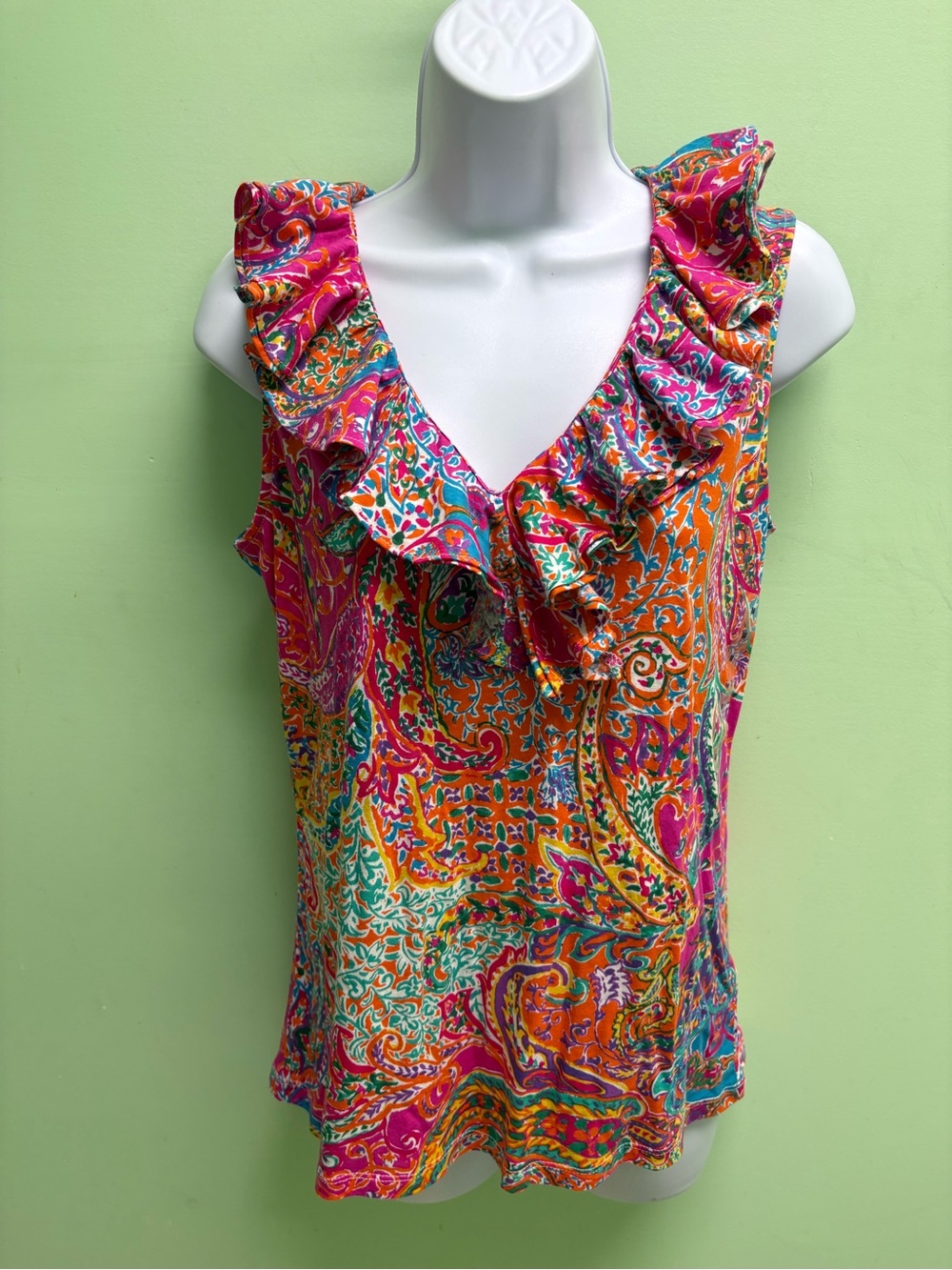 Ralph Lauren Pink & Orange Paisley Ruffled V-Neck Sleeveless Blouse. #P189